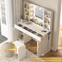 Grande table de maquillage moderne blanche avec 3 modes d'éclairage, miroir LED réglable et multiprise intégrée pour chambre à coucher