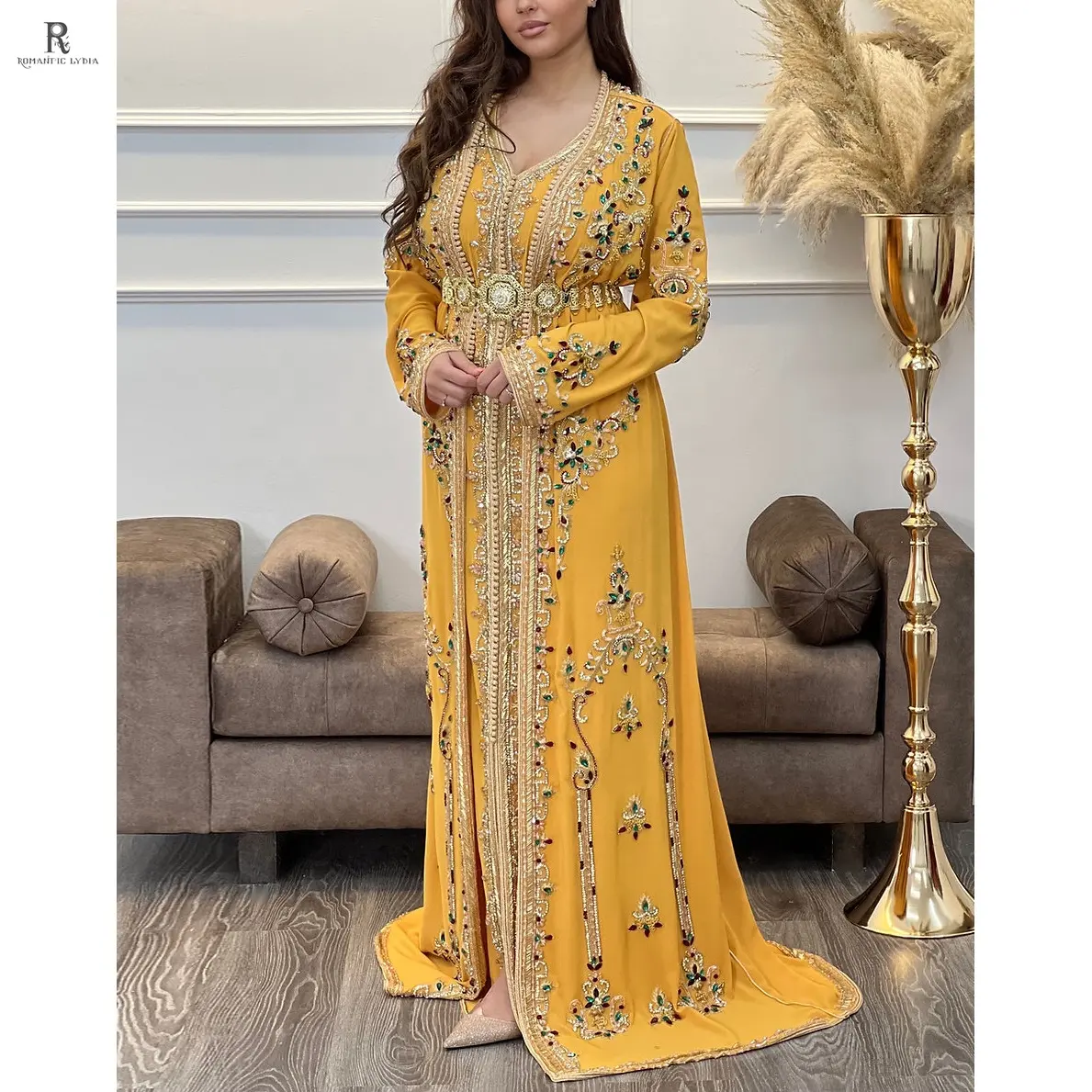 OEM Custom Handwork Luxury Embroidered Crystal Yellow Dubai Kaftan Muslim Moroccan Kaftan Wedding Dress With Belt
