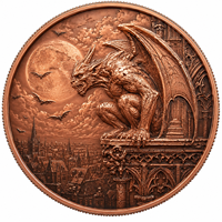 Gargoyle de Catedral 1 oz .999 Cobre Fino Alto Relieve Gótico Ventana de Rosario Murciélago Luna Llena Horizonte Urbano Colección Hobby