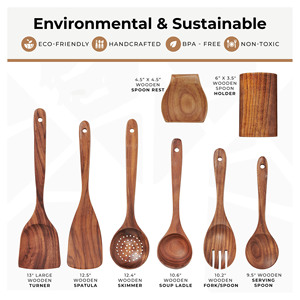 Cucharas de Madera para Cocinar, Juego de Utensilios de Cocina de Madera con Soporte y Reposacucharas, Madera de Teca Antiadherente, Juego de 8 Piezas, Utensilios de Cocina - Product Image 2