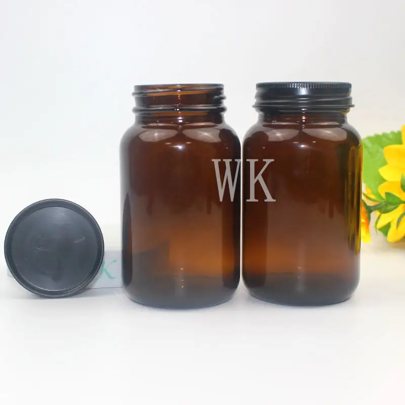 Bouteille de médecine ambre à large ouverture Conteneur en verre médical Bouteille de pilules en verre à capsule vitaminée