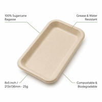 Plateau rectangulaire compostable en bagasse 8x5 pouces, en fibre de canne à sucre, pour sushis, apéritifs, brunch, traiteur et service
