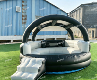 Bar flottant gonflable avec comptoir, bar flottant personnalisé avec auvent et sièges-canapés, équipement de jeu aquatique pour location de fête