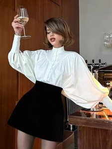 <span class=keywords><strong>Chemisier</strong></span> décontracté <span class=keywords><strong>blanc</strong></span> à col montant et manches larges, style français élégant, boutonné, pour femme, style cour, à manches longues, idéal pour l'été - Product Image 2