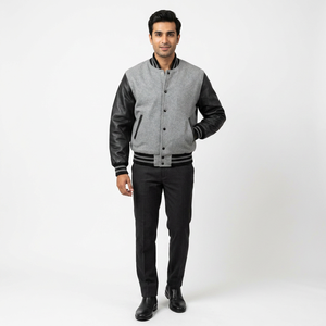 Chaqueta Varsity Oversize para Hombre, Color Gris Jaspeado, 100% Algodón, Personalizada, Estilo Universitario, Deportiva, con Cuello Alto y Logotipo Frontal - Product Image 1