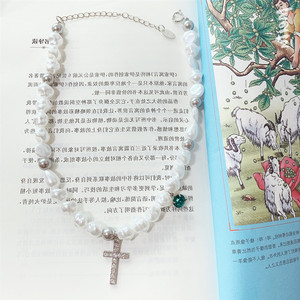 Irregular Pearl <b>Cross</b> Necklace Steel Color Clavicle <b>Chain</b> Everyday Wear - Product Image 3