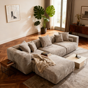 Ensemble modulaire personnalisable en tissu avec rembourrage en mousse haute densité, pieds en bois, forme en L moderne pour appartement, hôtel, entrepôt - Product Image 4