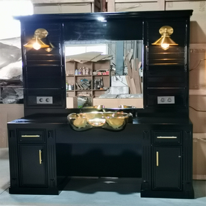 Estación de Espejo de Peluquería Clásica Vintage Multifuncional de Madera con Luz LED y Lavabo para Champú - Product Image 1
