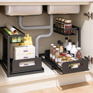 Étagère à épices noire à 2 niveaux en métal, organisateur de tiroirs, support de rangement en fil métallique pour les placards de cuisine - Product Image 5