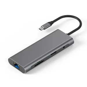 Stasiun Dok Hub Tipe C 9 In 1, Konverter Hub Usb-C Usb 3.0 SD TF 4K HDTV PD RJ45 1000Mbps Fungsi Multi 9 Port Usb Hub C