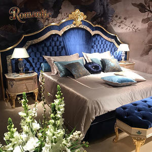 <span class=keywords><strong>Letto</strong></span> Matrimoniale Moderno di Lusso Francese con Struttura Regolabile, Testiera Trapuntata in Velluto <span class=keywords><strong>Blu</strong></span> con Decorazioni in Foglia d'Oro, Assemblato - Product Image 2
