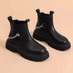 Groothandel Bottes Femme Botas Ketting Lage Hak Enkellaarzen Dames Schoenen Lederen Vrouwen Plat Platform Chelsea Laarzen