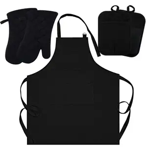 Mitaines de four personnalisées et porte-casseroles avec tablier de cuisine Ensemble de mitaines de cuisine résistantes à la chaleur Gants de mitaines de cuisine Boucle de cou réglable Tablier de chef