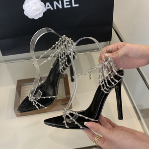 Sandalias de Tacón Alto con Pedrería, Punta en Pico, Combinables con Todo, para Discoteca, con Cadena, Zapatos de Tacón Alto, Nueva Colección de Verano, Gran Venta - Product Image 1