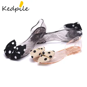 New design trendy bling flat jelly Flip Flops fashion beach glass sandals shoes with wave point beautiful bowknot for girls