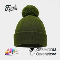 Bonnet d'hiver à pompon avec logo personnalisé, en tricot côtelé, à revers plié, bonnet tricoté uni, vente en gros OEM ODM