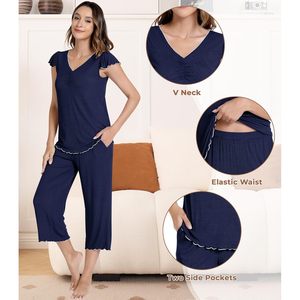 Pyjamas confortables pour femmes, ensembles de pyjamas personnalisés, manches courtes, pantalon capri, vêtements de nuit en tricot doux, taille élastique, ensemble de détente pour femmes - Product Image 4