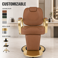 Fauteuil de Barbier Inclinable Rétro Moderne, Cadre Doré, Cuir Marron, Chaise de Coiffure Couleur Personnalisée, Mobilier de Salon, Vente en Gros Usine