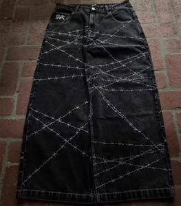 กางเกงยีนส์วินเทจสีดำพิมพ์ลายขายส่งสำหรับผู้ชาย กางเกงคาร์โก้ทรงหลวมผ้ายีนส์ฟอกแบบกำหนดเอง ไซส์พลัส กางเกงจ็อกเกอร์และกางเกงยีนส์สำหรับผู้ชาย - Product Image 1