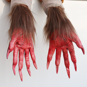 Werewolf <b>Gloves</b> With Furry Red <b>Claws</b> One Size Halloween Costume Props - Product Image 2