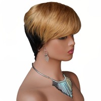 Perruque courte en cheveux humains de style pixie pour femmes noires, perruque courte en cheveux humains noire et blonde pour femmes, perruque courte à mèches superposées