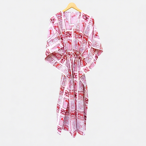 Women's Pink Patchwork Print <b>Kimono</b> Robe V Neck Short Sleeve Drawstring Knee Length <b>Cover</b> <b>Up</b> - Product Image 1
