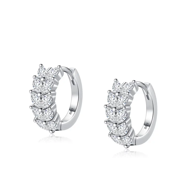 Hot selling sparkling zircon earrings real 925 silver jewelry rhodium plated leaf shape hoop earrings