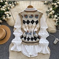 Ensemble 2 pièces pour femme : Gilet en maille Argyle style preppy vintage et chemise à manches lanternes – Nouveauté automne 2026 pour le quotidien