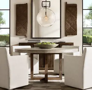 सैसैनाइड ओम देहाती औद्योगिक-प्रेरित डिजाइन लक्जरी डाइनिंग रूम ने पाइन हेस्टन कंक्रीट टेबलटॉप राउंड डाइनिंग टेबल