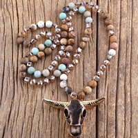 Bijoux à la mode Multistone Long noué à la main collier pendentif tête de vache Amazonite corne de taureau tête de crâne collier Mala