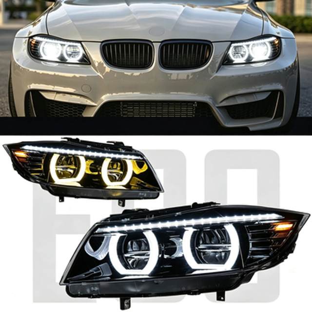 Modified M5 Thunder Style Headlight Assembly With Dual Color Switchable Golden Angel Eyes LED for BMW 3 Series E90 Auto Parts