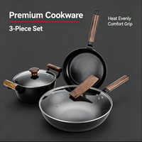 Ensemble de 3 ustensiles de cuisson en fer fin de haute pureté, antiadhésifs, compatibles avec les cuisinières à gaz, poignées en bois, couvercles en verre, durables et écologiques