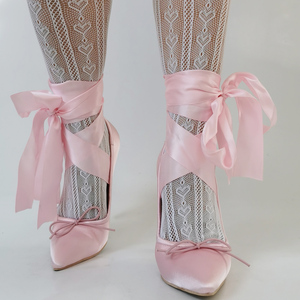 Escarpins en soie à lacets croisés pour femme, talons hauts pour fille, grande taille 47, sandales habillées avec nœuds avant, coupe large - Product Image 3