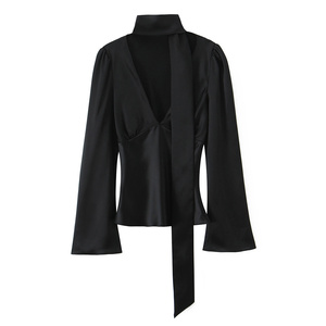 Kemeja wanita 2025 baru modis kasual Joker syal temperamen kemeja dekoratif retro wanita chic kemeja pinggang lengan panjang. - Product Image 1
