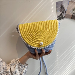 Sac seau pour femme en coton et lin, color-block, orné de perles, sac de paille d'été pour tenues quotidiennes, type couvre-épaule - Product Image 1