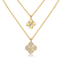Collier en argent 925 plaqué or, double couche, motif fleur, pendentif trèfle à quatre feuilles pour femme