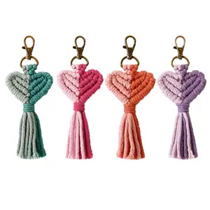 Hot Macrame Wholesale Handmade Woven Craft Gift Macrame Heart Keychain Boho Tassel Bag Charms