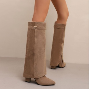 Cross-Border Trade New Pointed Toe Large Tube Straight Metal Buckle Mid-Calf <strong>Boots</strong> Large Size Chunky Heel <strong>Trouser</strong> <strong>Boots</strong> Women's - Product Image 1