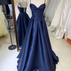 <span class=keywords><strong>Vestido</strong></span> de Noche <span class=keywords><strong>Azul</strong></span> <span class=keywords><strong>Marino</strong></span> Oscuro de Satén con Cuentas y Espalda con Cordones, Largo hasta el Suelo, Vestidos de <span class=keywords><strong>Princesa</strong></span> para Fiesta de Graduación al por Mayor - Product Image 1