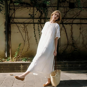 Vestido Maxi Personalizado para Mujer, de Chifón Sólido, Color Blanco Natural, Poliéster y Algodón, Transpirable, Elegante, Holgado, para Playa, Vacaciones, Casual - Product Image 3