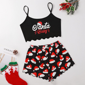 2024 Natal Verão Sem Mangas Halter Vest Shorts Set Mulheres Sexy Pijama - Product Image 3