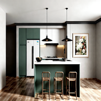 Ensemble d'armoires de cuisine modernes modulaires en bois, stratifié blanc, verre, contreplaqué et MDF, avec comptoir en marbre, charnières et robinet, pour appartement