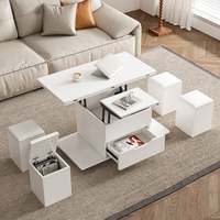 Table basse relevable moderne blanche extensible avec ottoman de rangement, design pliable, construction métal et bois, roulettes – Vente en gros