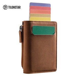 TILONSTAR TVC902 Custom Automatic RFID Blocking Credit Pop Up <b>Card</b> Wallet Aluminum Leather <b>Card</b> <b>Holder</b> With Zipper Coin Pocket - Product Image 1