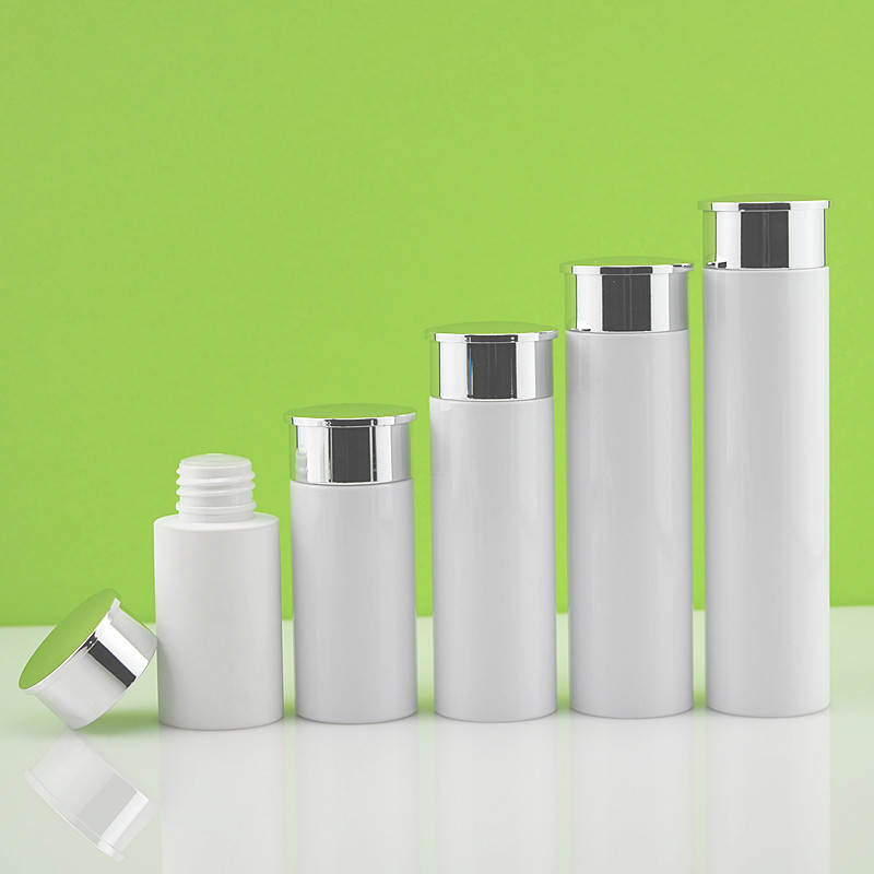 Plastic Cylinder Skincare Cosmetic Shiny Silver Lid Hand Wash Bottle 50ml 60ml 90ml 100ml 120ml 150ml 180ml 200ml