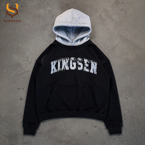 Custom Acid Washed Vintage Oversized Splicing Hat Men's Pullover Hoodies Heavyweight 100% Cotton Screen Printing Hoodie for Men - Product Image 1