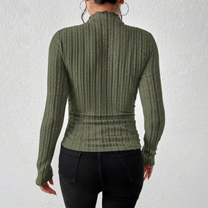 Haut en tricot côtelé mince élégant pour femmes avec t-shirt court décontracté à manches longues et pull de printemps polyvalent à <span class=keywords><strong>col</strong></span> montant - Product Image 3