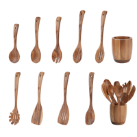 Ensemble de 10 ustensiles de cuisine en bois d'acacia à long manche – Cuillères, spatules, support de rangement – Écologique, antiadhésif, compatible micro-ondes et lave-vaisselle