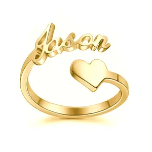 Anel de aço inoxidável, joias 3d para homens e mulheres, formato de coração, ajustável, inicial, personalizado, dourado