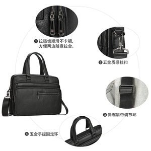 Dujiang Genuine Leather Business <b>Briefcase</b> Men's Large Capacity Shoulder Bag For Business Travel Solid Color Black - Product Image 4